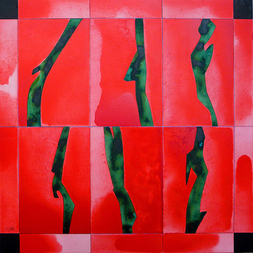 Confined Movement, 2008, Watercolor/India Ink on wood, 50x50 cm